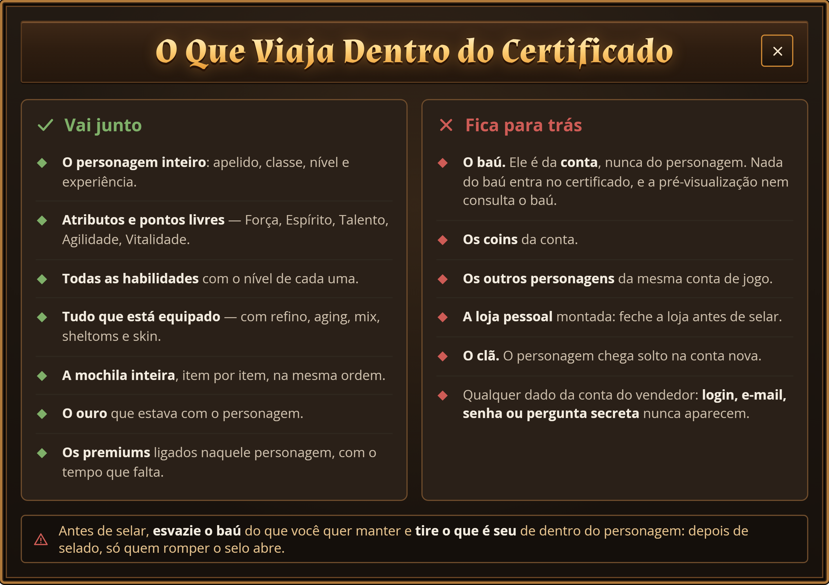 Duas colunas: o que vai junto no certificado e o que fica na conta de origem.