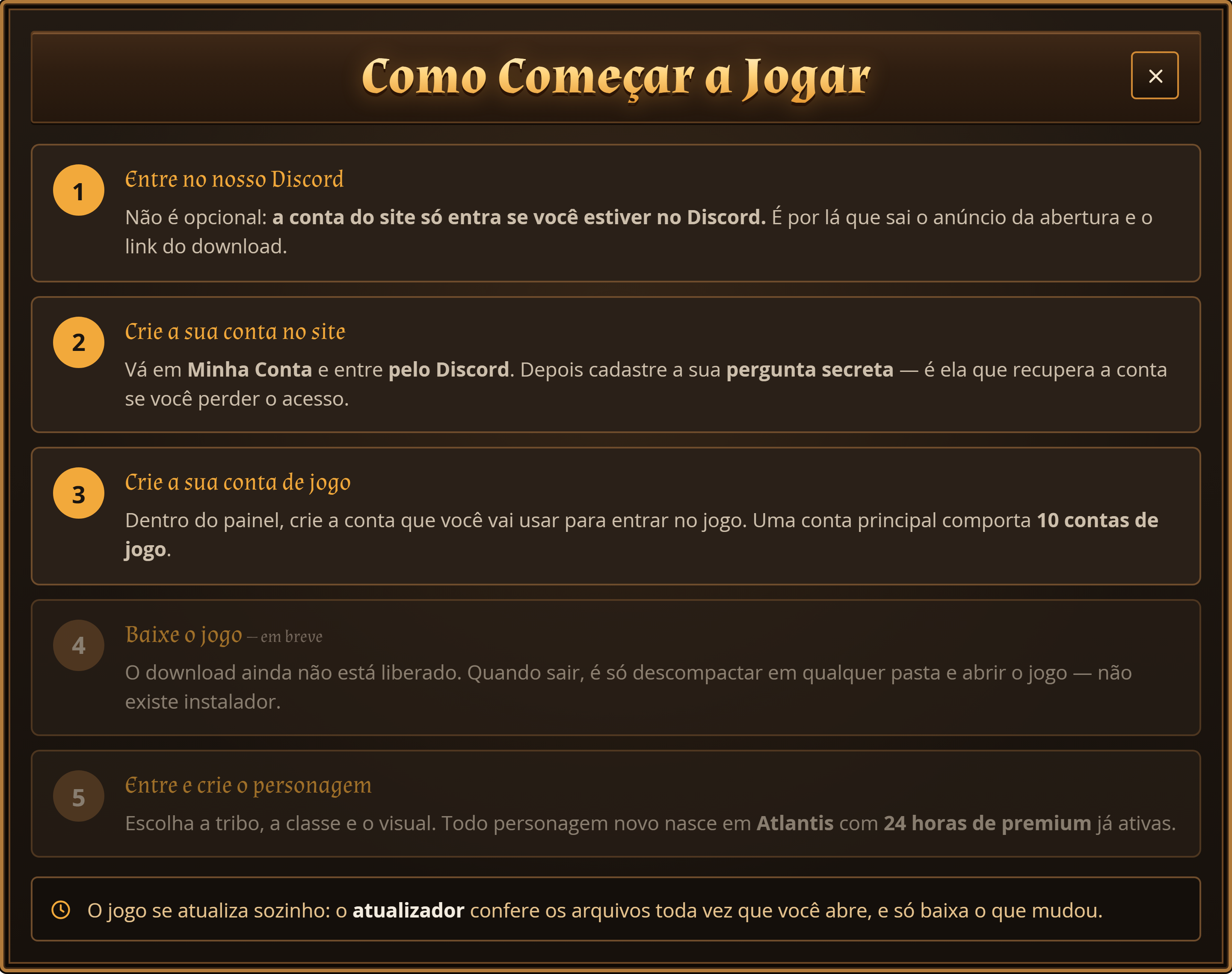 Os cinco passos para começar: Discord, conta do site, conta de jogo, download e criação do personagem.