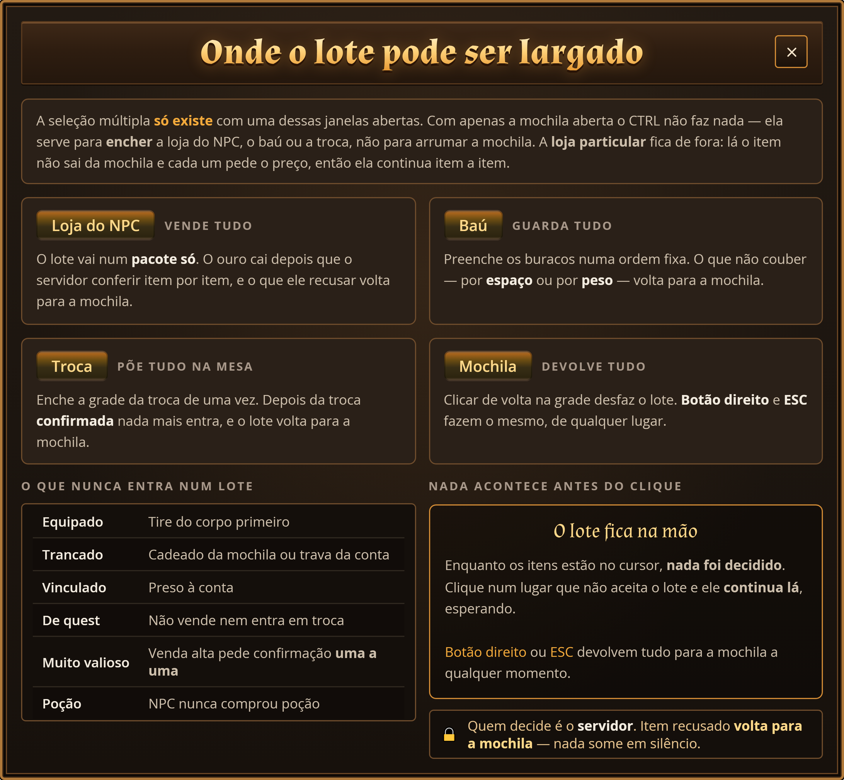 Os destinos do lote — loja do NPC, baú, troca e a volta para a mochila — e o que nunca entra num lote.
