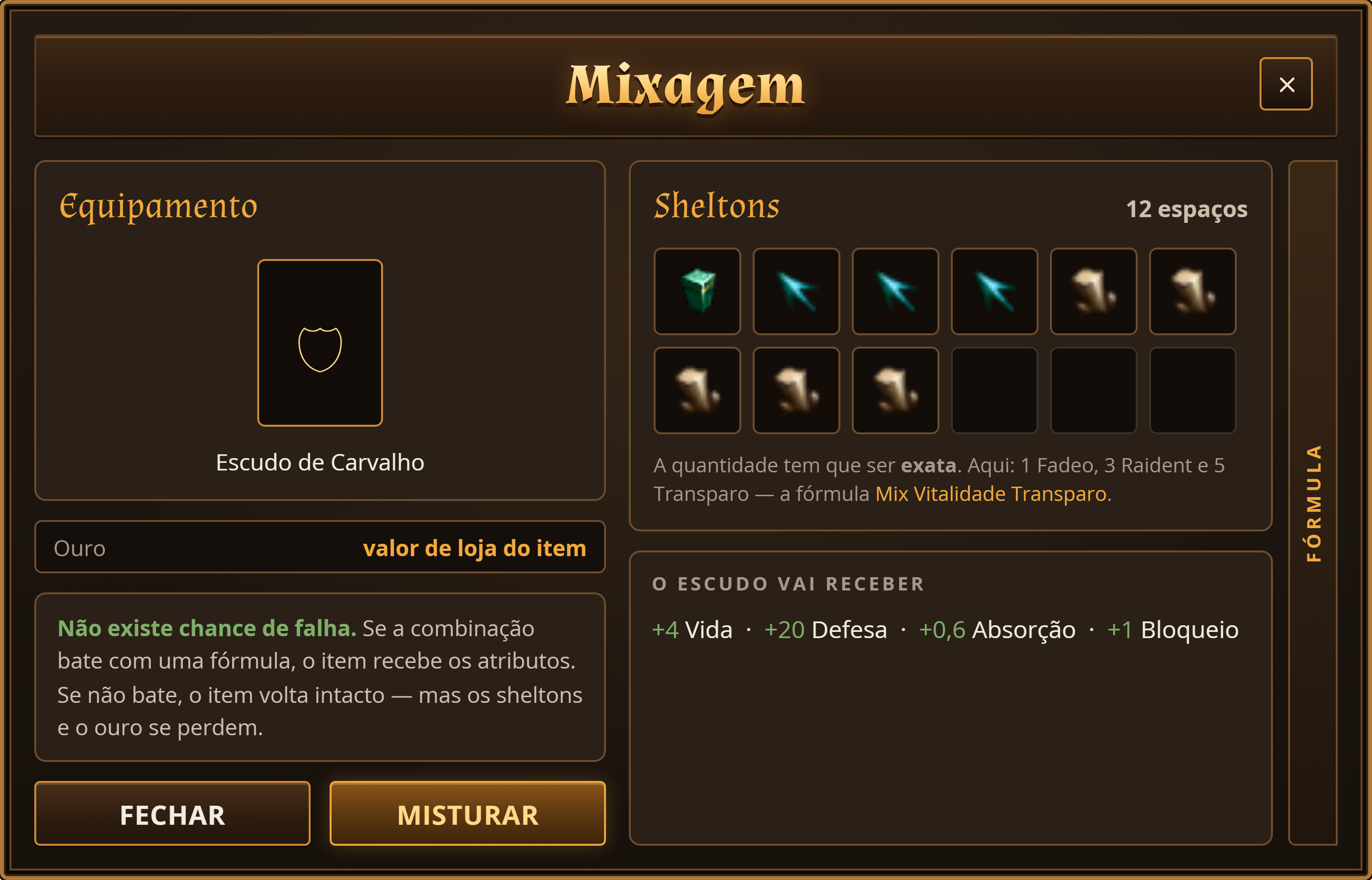 A janela de mixagem: o equipamento à esquerda, a grade de doze espaços de shelton e a aba FÓRMULA na lateral.