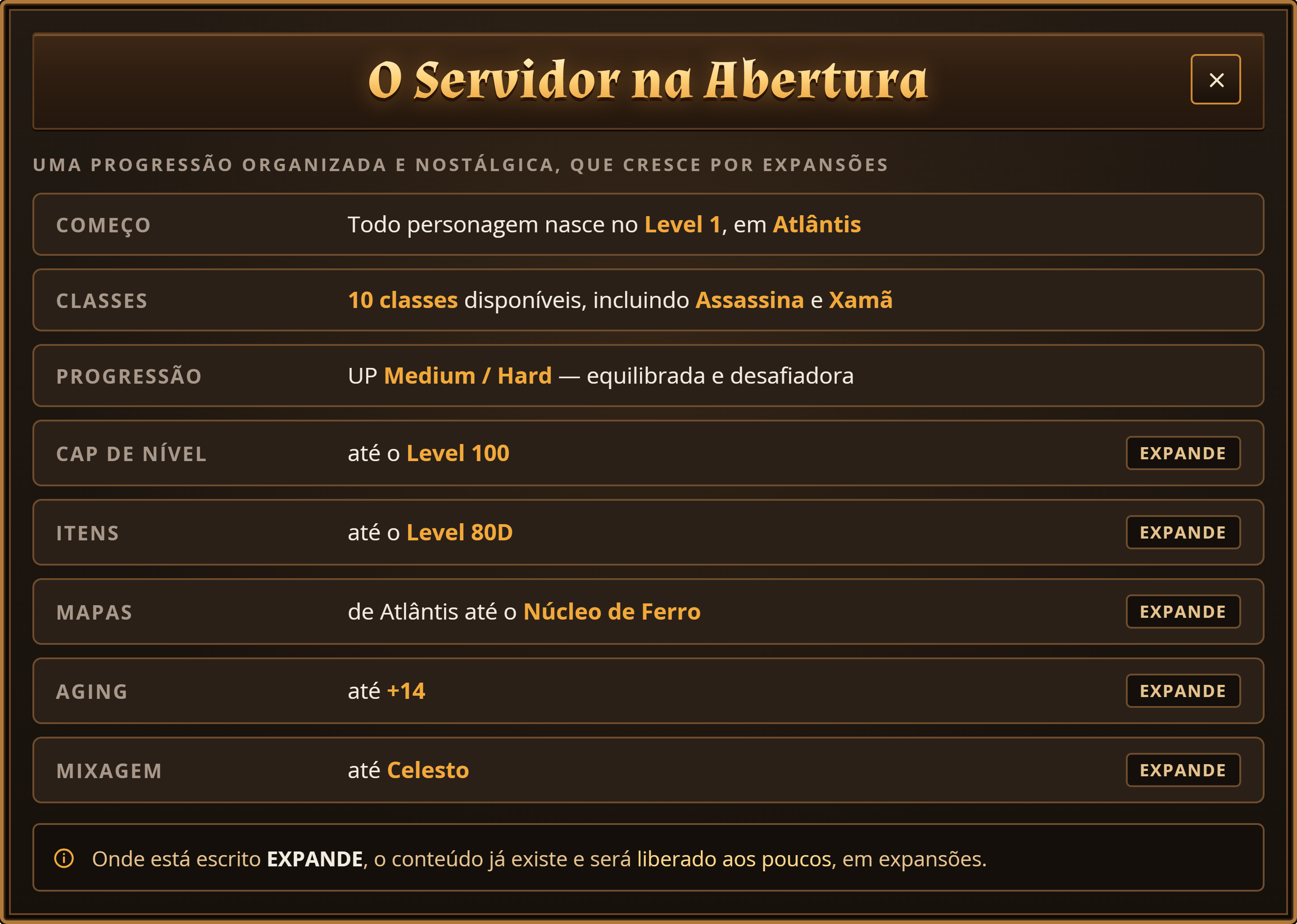 O servidor na abertura: level 1, 10 classes, habilidades até a 4ª Tier, cap 100, itens até 80D, mapas até o Núcleo de Ferro, aging até +14 e mix até Celesto.